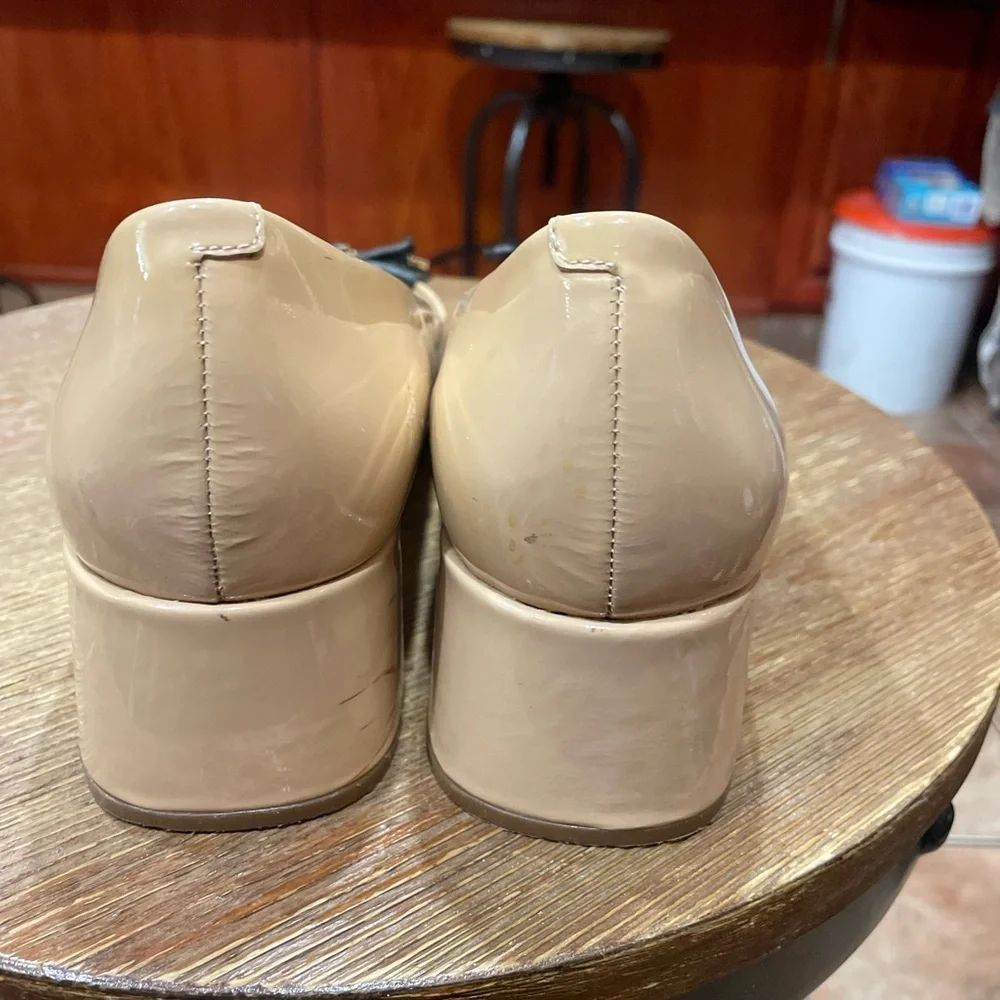 Karl Lagerfeld Nude Beige Block Heel Pumps with Black Fringe Accent